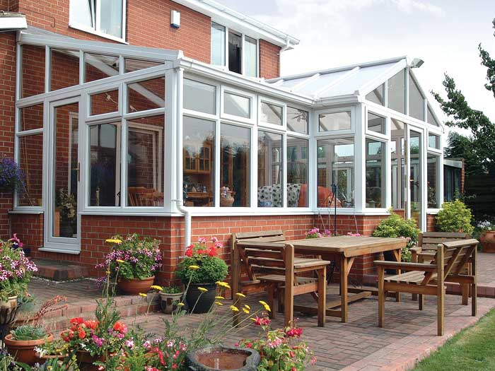 P shape conservatory with glazed roof