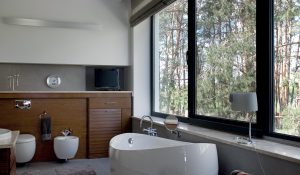Black aluminium windows installed in bathroom