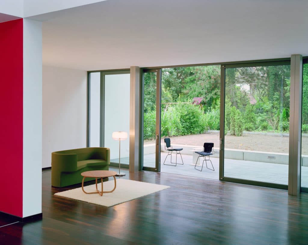 A grey sliding patio door