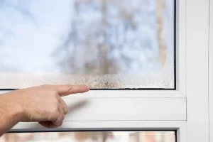 A hand pointing at condensation on the inside of a window.