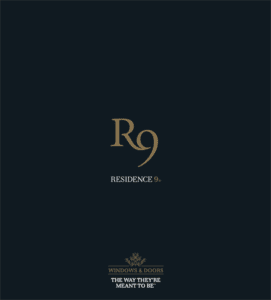 Promotional image of the Residence 9 catalogue, displaying a sophisticated gold logo and the tagline 