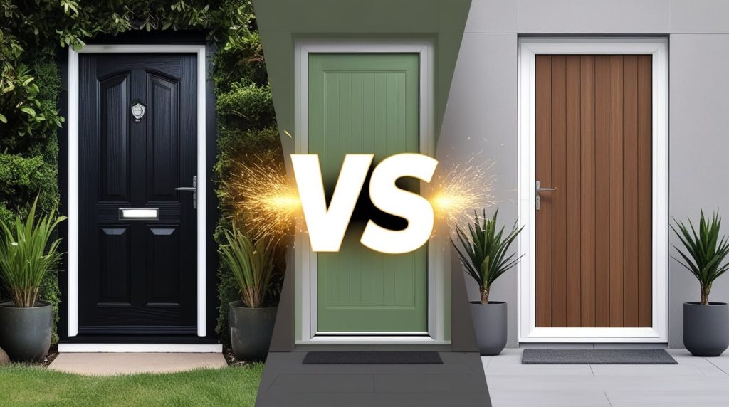 Side-by-side comparison of composite, uPVC, and timber front doors showing differences in style and material.