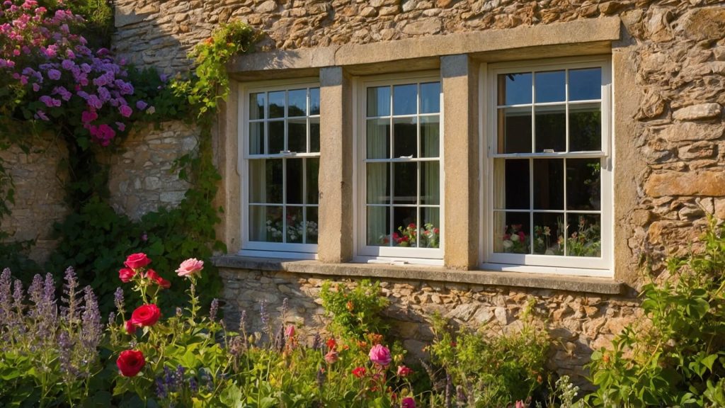 Stone cottage with white uPVC sliding sash windows and a garden blooming with roses and lavender in summer.