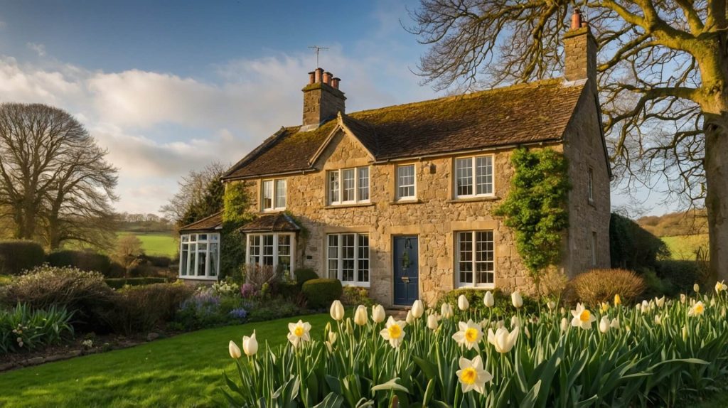 Traditional stone cottage with white uPVC sliding sash windows surrounded by a spring garden blooming with daffodils.