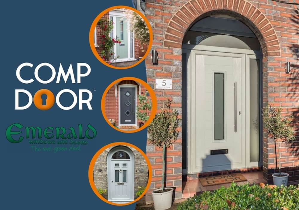 A selection of composite doors by Comp Door and Emerald Windows, featuring modern and traditional styles. This image relates to the page content by showcasing stylish, secure, and energy-efficient door options for homes.
