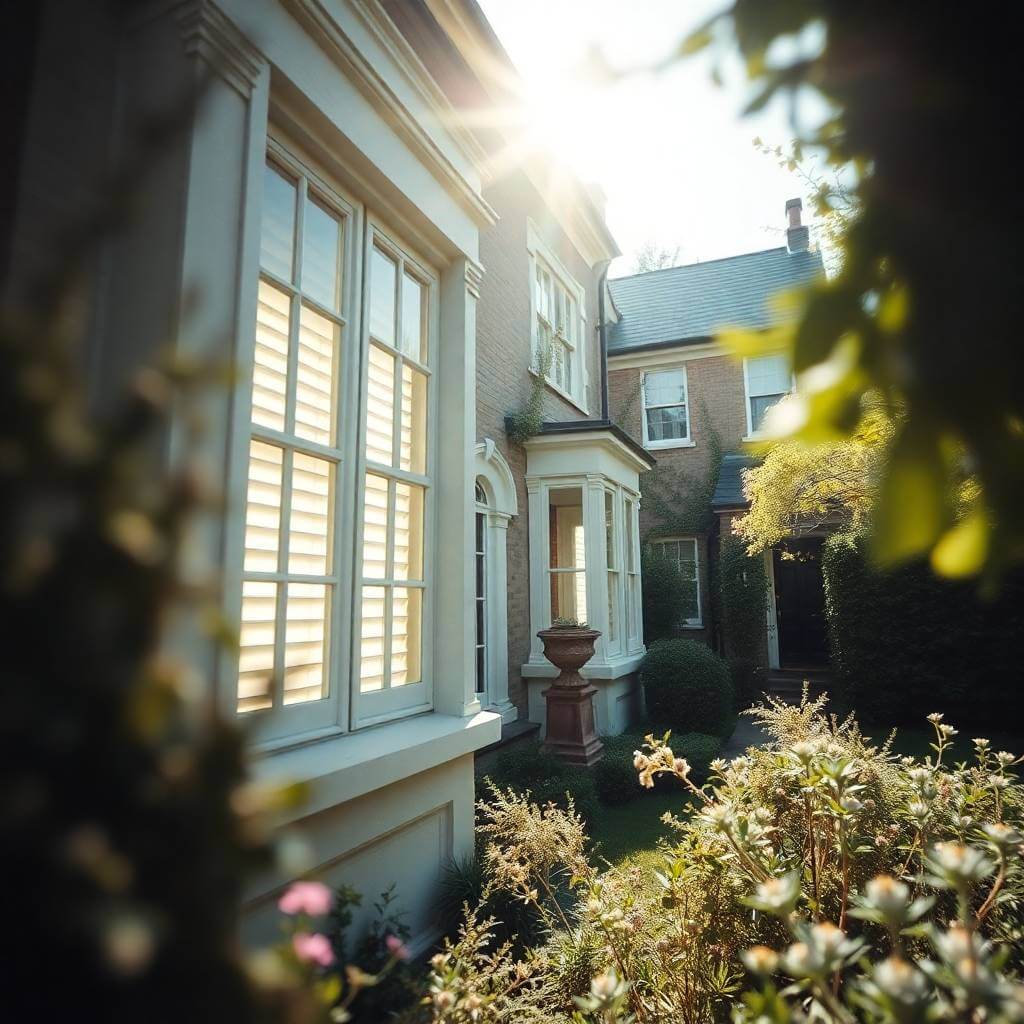 Internal window shutters inside sash windows of a traditional English home, seen on a sunny day with a lush garden. Highlights the practicality and elegance of shutters for privacy and light control.