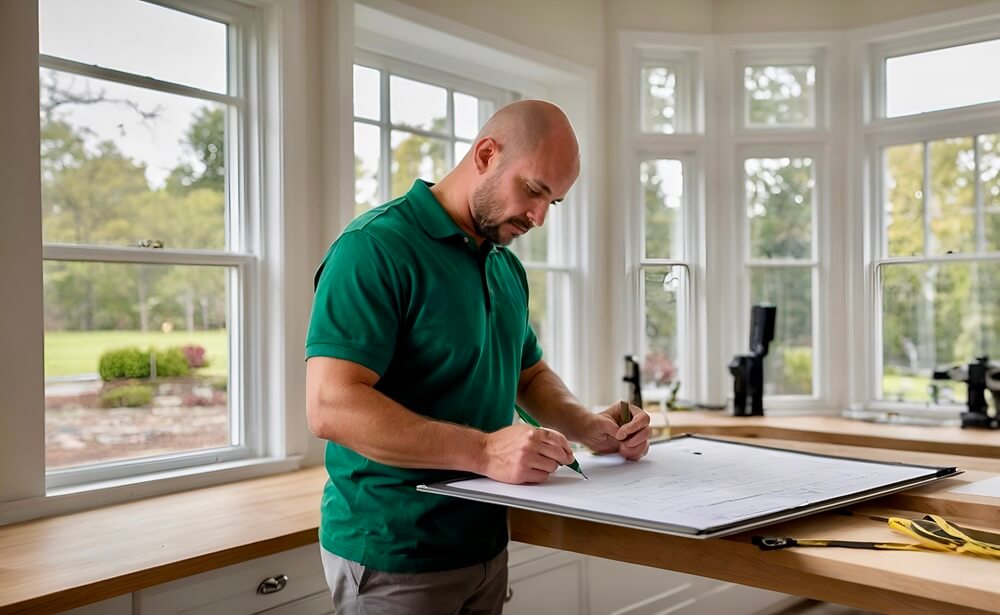 A professional window installer from Emerald Windows and Doors, wearing an emerald green polo shirt, carefully measuring a window frame and taking notes inside a bright, modern home.