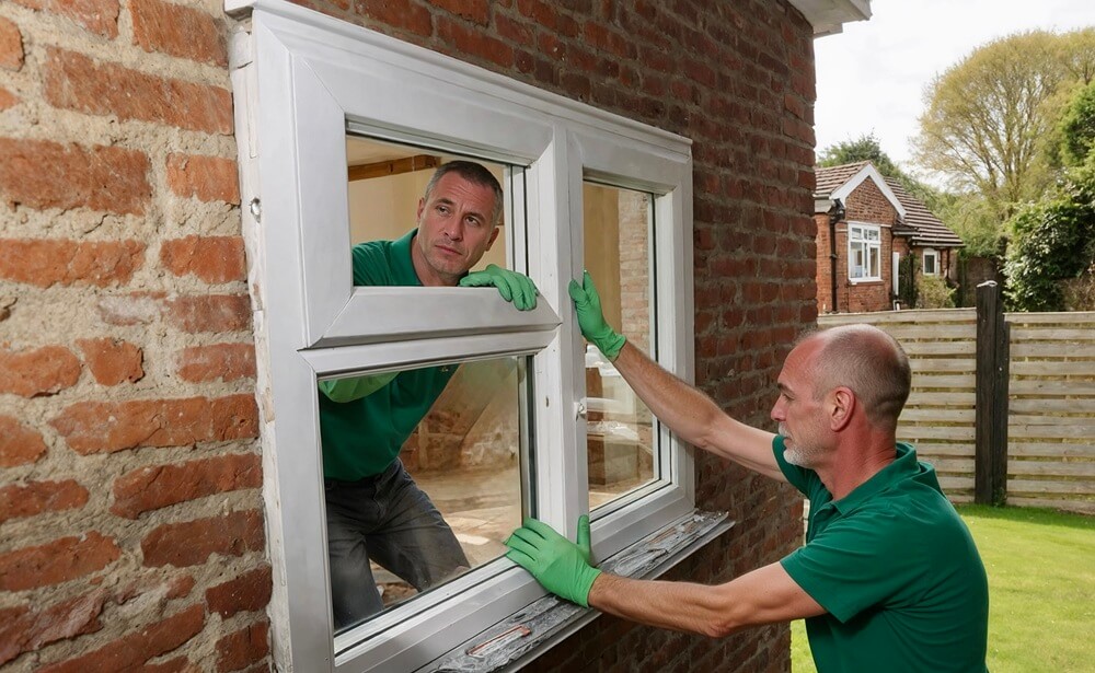 A team of skilled installers from Emerald Windows and Doors, wearing emerald green polo shirts, fitting a new uPVC window into a home while replacing an old, worn-out wooden window.
