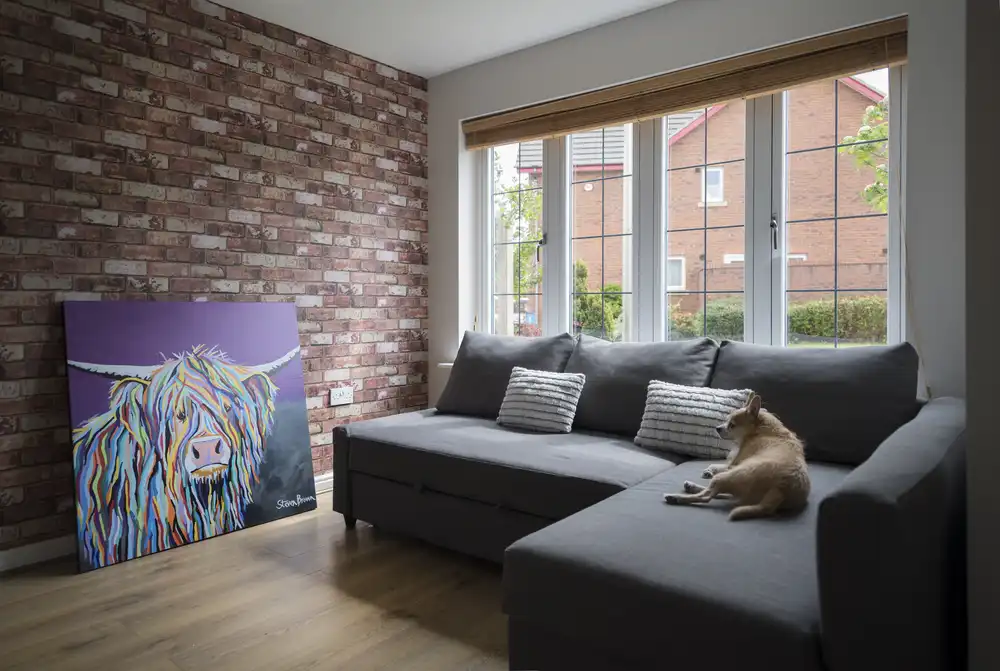 A room with uPVC windows and a sofa with a dog on it