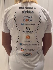 A close-up shot of the back of a white t-shirt with a list of corporate logos printed on it, surrounded by an hourglass-shaped trail of small footprints.